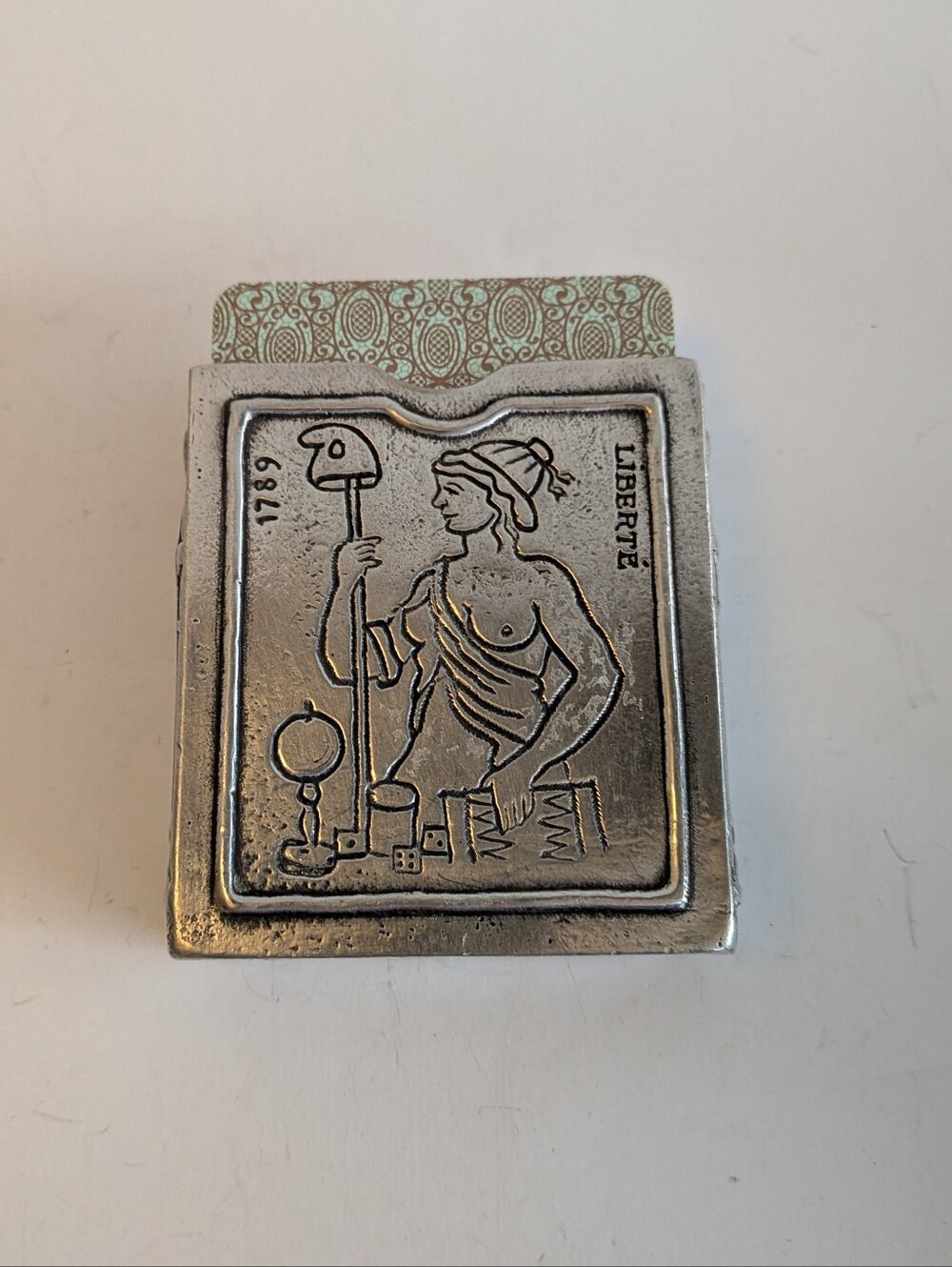 Vtg French Pewter Playing Card Box 1789 Bicentennial Holder Deck Sleeve Liberte